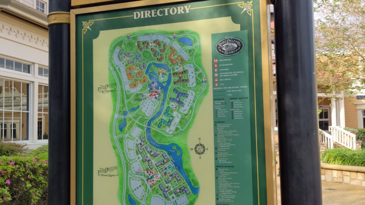 A map of the two sections of the Port Orleans Resort at Disney World: Riverside and French Quarter