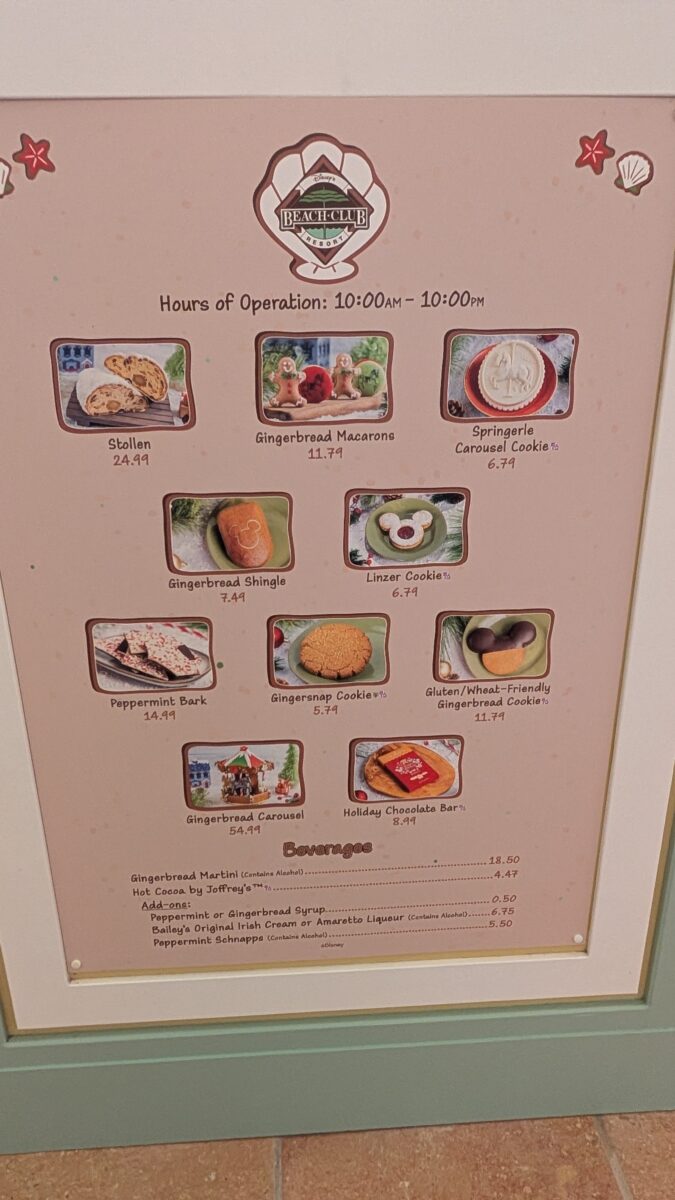 A picture of the menu of baked goods available at the Beach Club during the holiday season at Disney World.