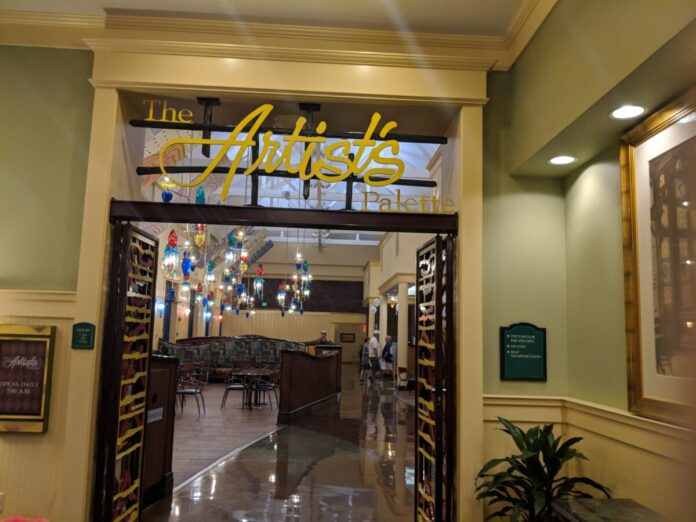 A picture of Artist's Palette, the food court at Disney's Saratoga Springs Resort in Orlando, Florida.