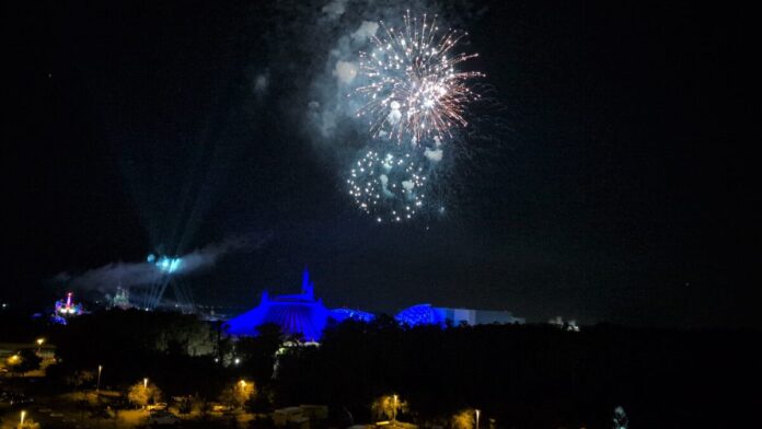 A picture of fireworks from my guest room at Bay Lake Tower at Disney World.