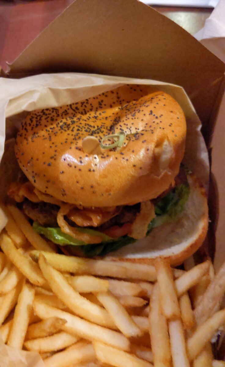 A picture of a bison burger at Geyser Point at Walt Disney World in Orlando, Florida