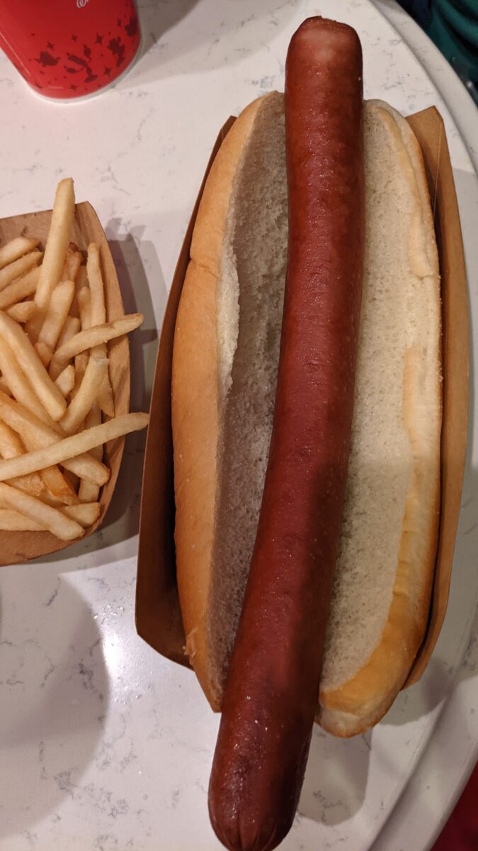A picture of a foot long hot from Casey's Corner at Magic Kingdom in Disney World.