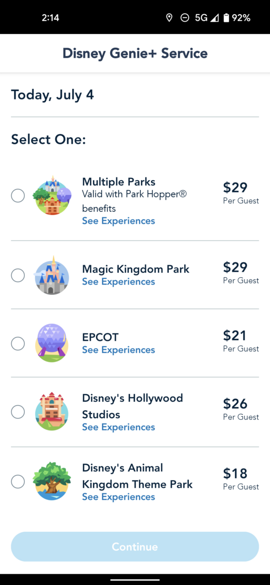 Choosing a park for Disney Genie Plus service on the My Disney Experience app