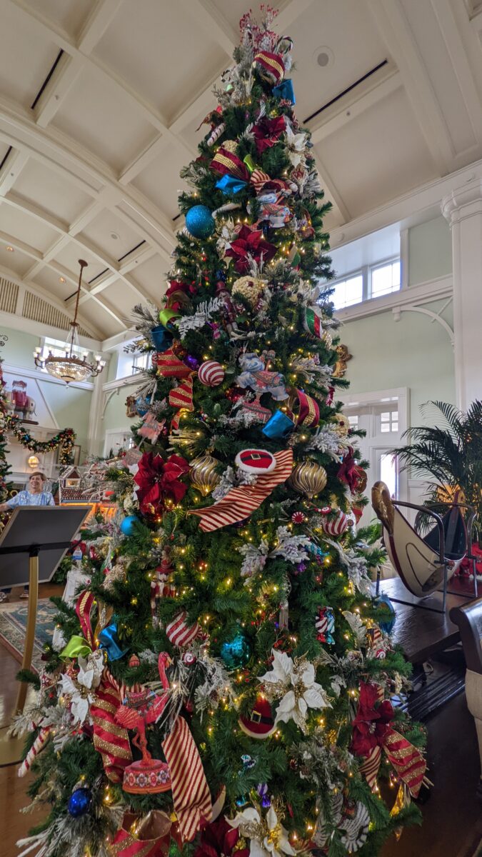 A picture of the Christmas tree inside the lobby of Disney's Boardwalk Resort.