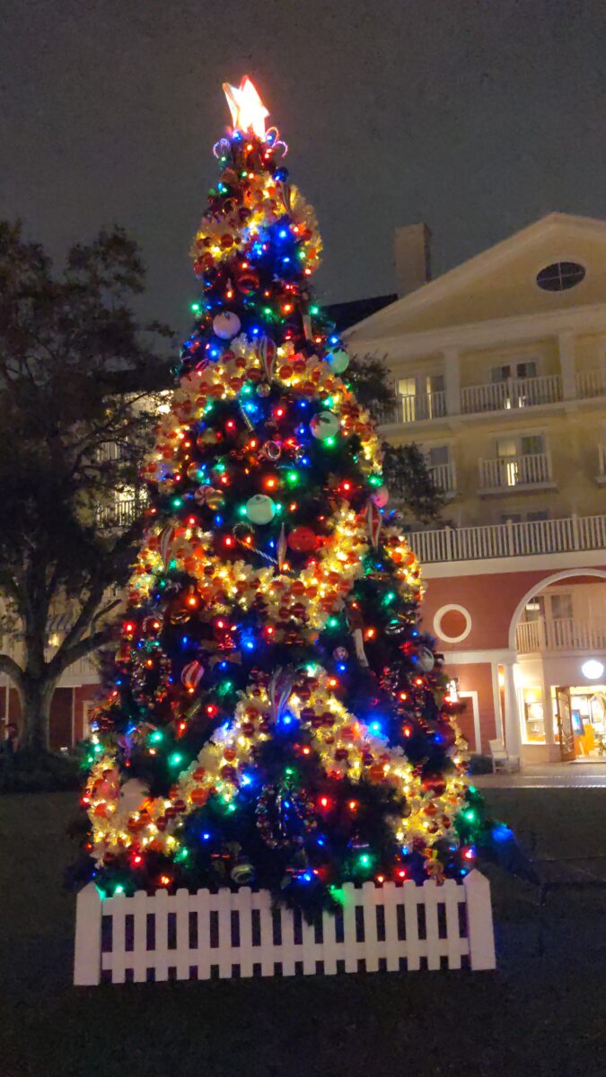 A picture of a Christmas tree at night at Disney's Boardwalk Resort in Orlando, Florida