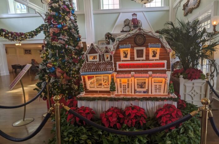 A picture of the holiday gingerbread display at Disney's Boardwalk Resort in Orlando.