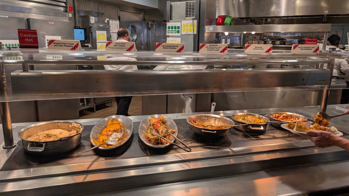 A picture of the buffet line at Minnie's Holiday Dine, a special Christmastime event at Hollywood and Vine restaurant in Disney World.