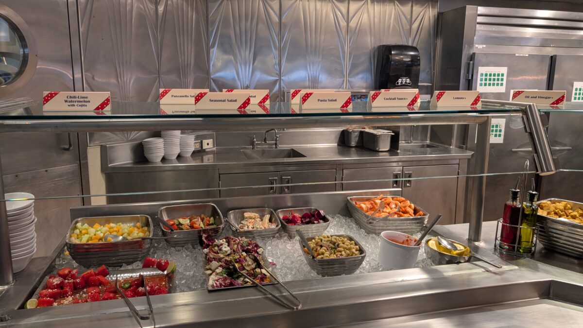 A picture of the buffet line at Minnie's Holiday Dine, a Walt Disney World Christmas character dining experience