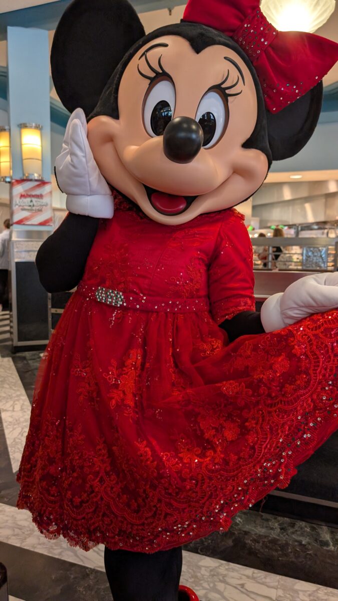 A picture of Minnie Mouse from a Christmas character dining experience at Hollywood Vine in the Walt Disney World Resort in Orlando, Florida