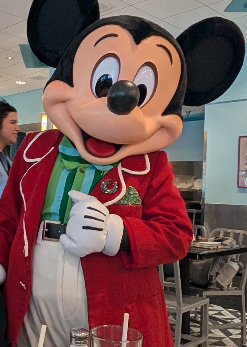 A picture of Mickey Mouse from Minnie's Holiday Dine event at Hollywood Studios in Disney World.