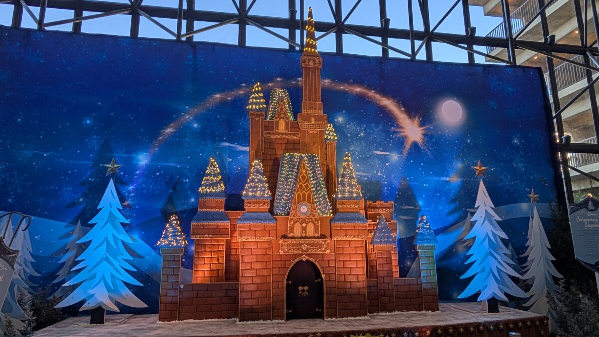 A picture of the gingerbread castle at Disney's Contemporary Resort in Orlando, Florida during the holiday season.