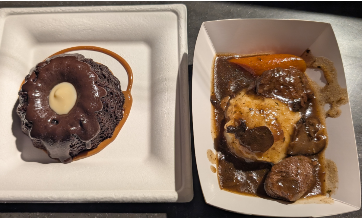 A picture of chocolate cake and beef tenderloin tips from the Northern Bloom booth at Epcot's International Flower and Garden Festival in Disney World