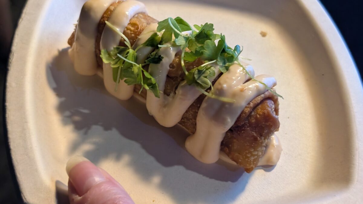 A picture of a rueben egg roll from the Irish Market at the Seven Seas Food Festival at SeaWorld theme park in Orlando, Florida
