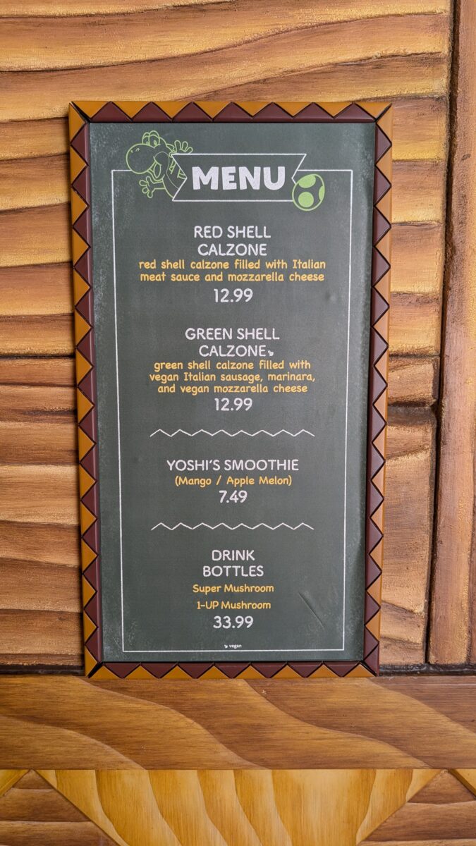 A picture of the menu at Yoshi's Snack Island at Epic Universe at the Universal Orlando Resort.