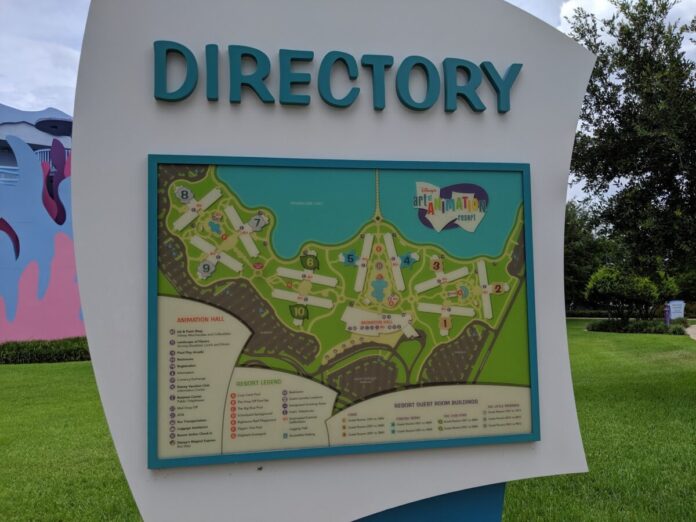 A picture of a directory and map of Art of Animation Resort at Disney World.