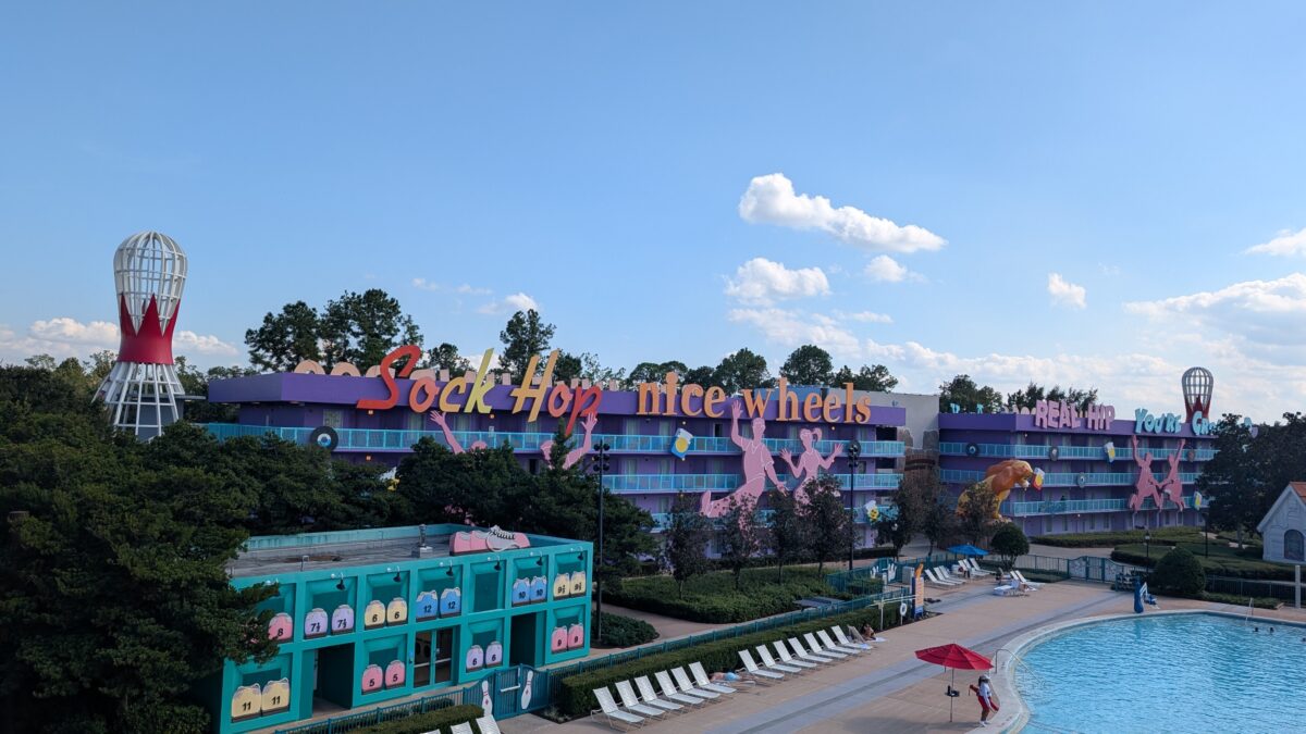 A picture of the bowling-themed pool in the 1950s section of Pop Century Resort at Disney World in Orlando, Florida.
