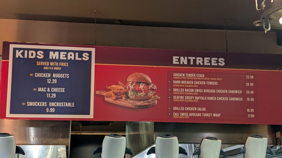 A picture of the menu at SeaWorld Orlando's Seafire Girll, a quick service restaurant at the front of the theme park.