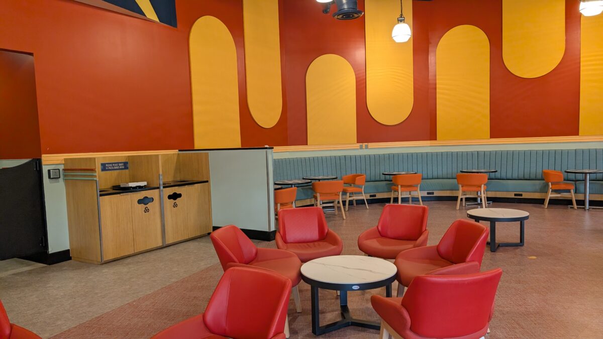 A picture of the refurbishments done at the World Premiere Food Court at All Star Movies at Disney World