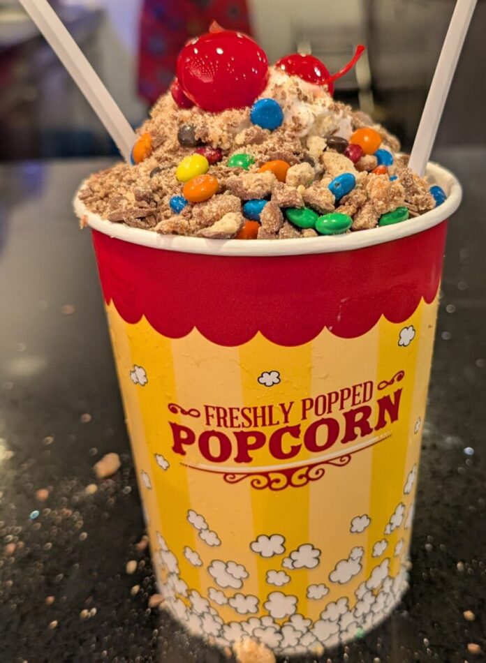 A picture of the At The Movies Ice Cream Bucket special dessert item at the World Premiere Food Court at All Star Movies hotel at the Walt Disney World Resort in Orlando, Florida