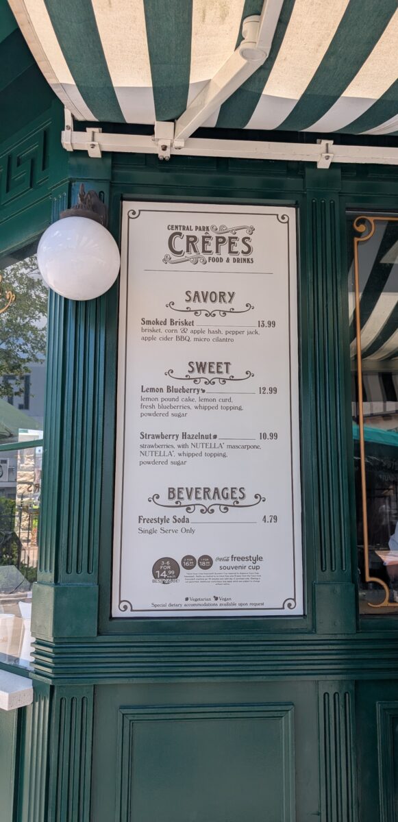 A picture of the menu from Central Park Crêpes at Universal Studios Florida