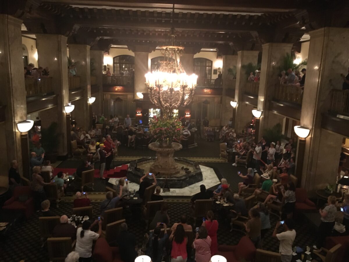 A picture of the lobby of the Peabody Memphis hotel during the ducks ceremony.