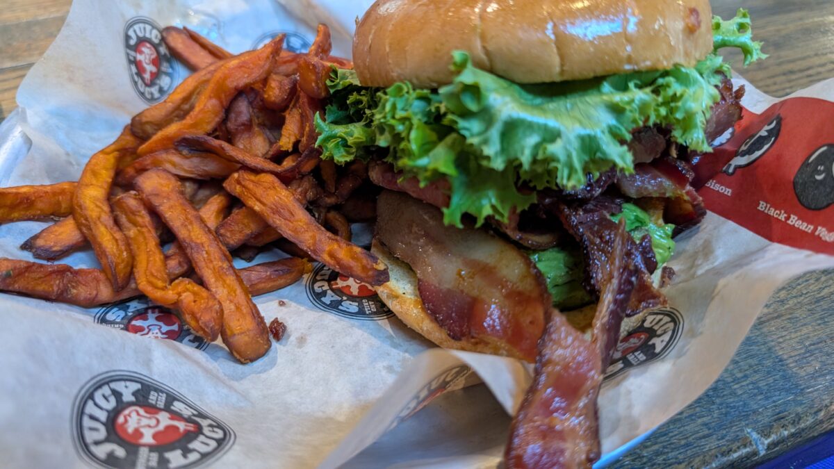 A picture of a BLAT, a Bacon, Lettuce, Avoda & Tomato sandwich, from Juicy Lucy's Burger Bar and Grill in Asheville, NC