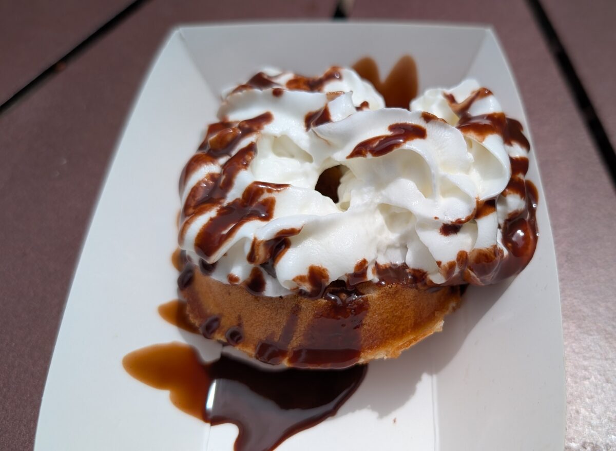 A picture of a Belgian waffle with chocolate ganache from the Epcot International Food and Wine Festival at Walt Disney World.