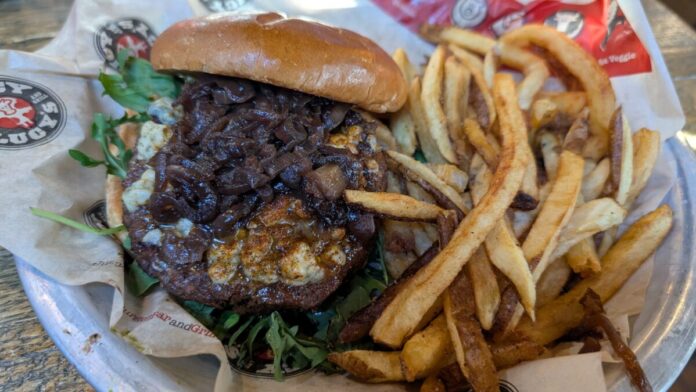 A picture of the black 'n blue burger at Juicy Lucy's in Asheville, North Carolina