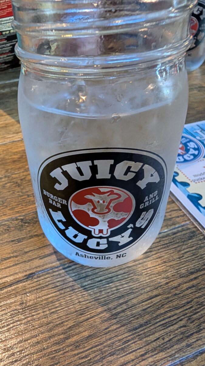 I like how the drinks come in mason jars at Juicy Lucy's Burger Bar and Grill in Asheville, NC