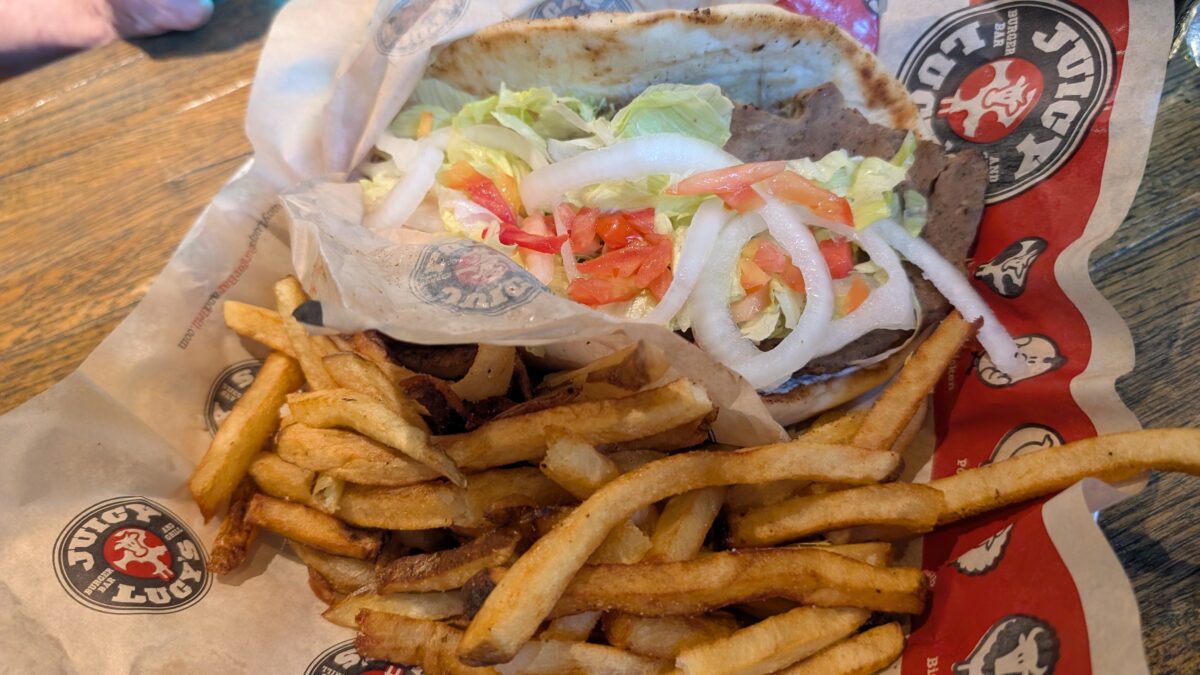 A picture of a gyro sandwich at Juicy Lucy's in Asheville, North Carolina.