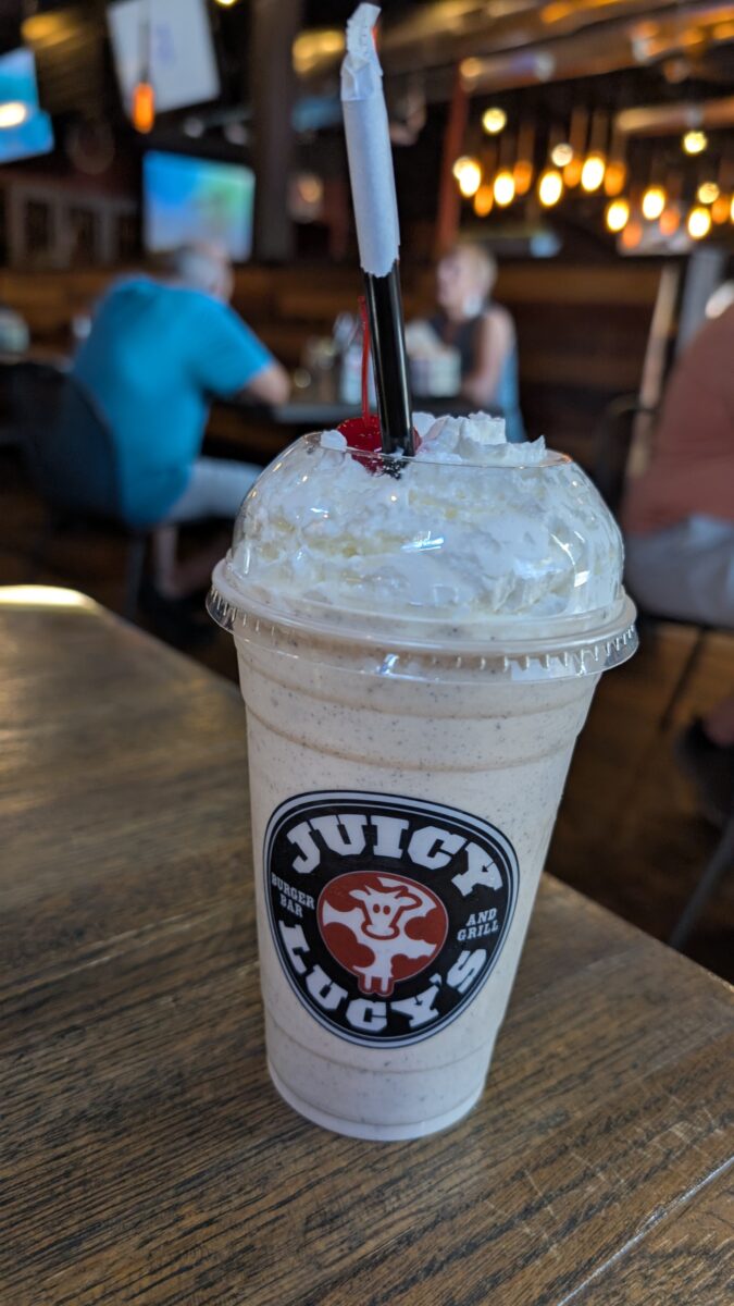 A picture of an Oreo Cookies and Cream Milkshake from Juicy Lucy's Bar and Grill in Asheville, North Carolina.