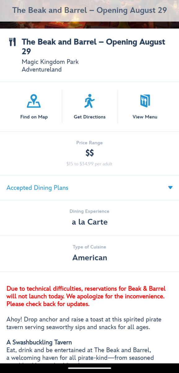 The Beak and Barrel error message after Disney World cancelled the dining reservation launch date