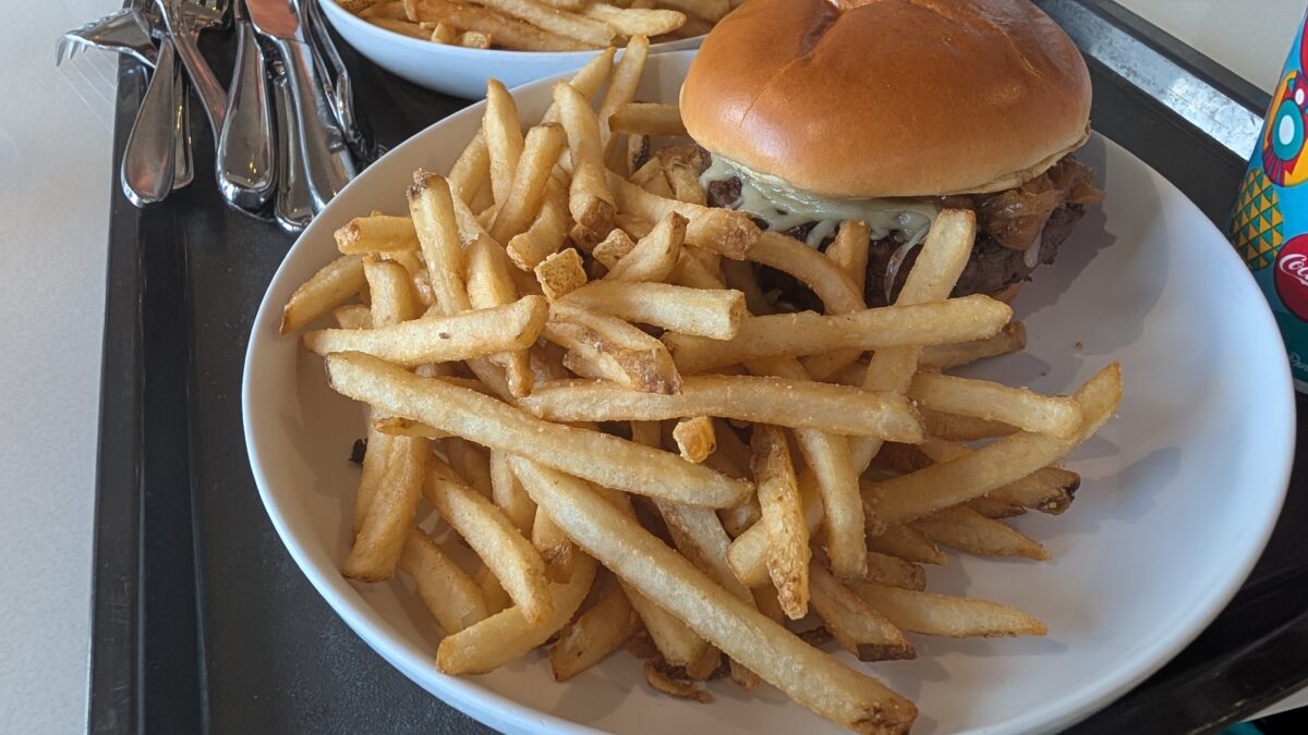 A picture of the French Onion Burger from the Connections Eatery during the Epcot International Food and Wine Festival at Disney World.