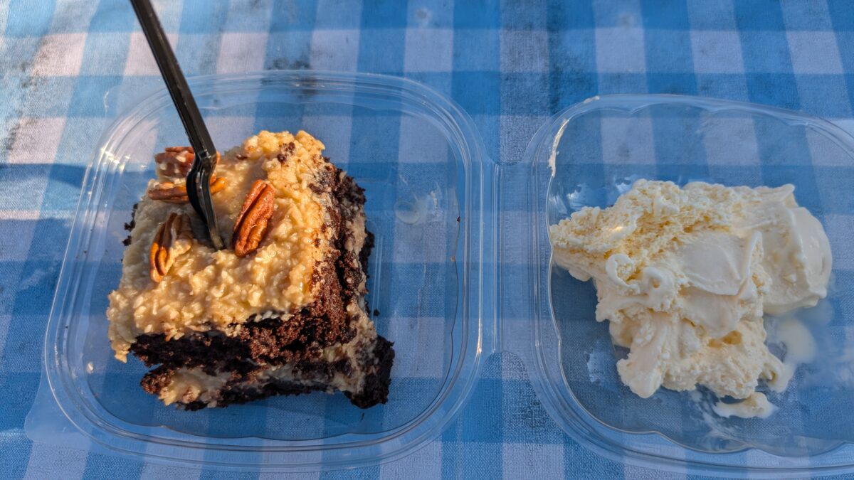 German chocolate cake with vanilla ice cream at Carowinds Oktoberfest in Charlotte North Carolina