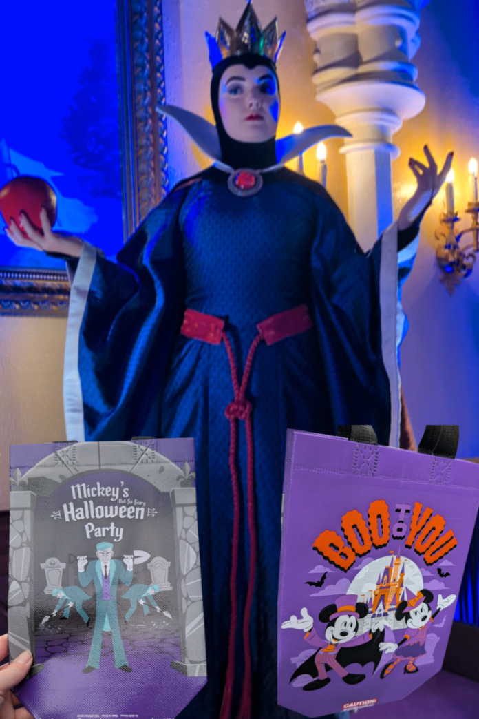 The Evil Queen and Trick or Treating Bags at Princess Fairytale Hall during Mickey's Not So Scary Halloween Party