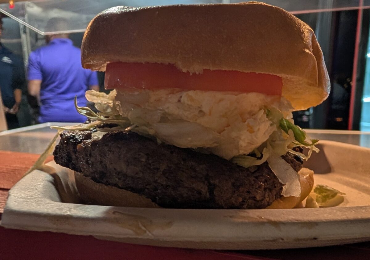 A picture of a bison burger from SeaWorld Orlando's Christmas Celebration