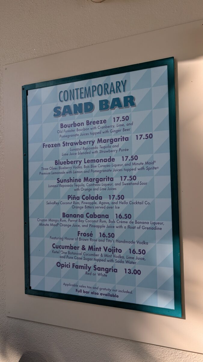 A picture of a menu of drinks from the Sand Bar at Disney's Contemporary Resort in Orlando, Florida.