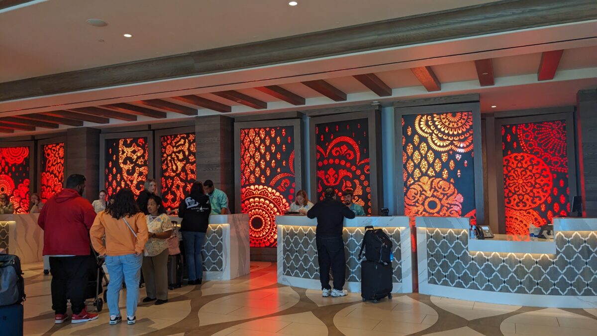 A picture of the check-in area at the Grand Destino Tower at Coronado Springs at Walt Disney World in Orlando, Florida.
