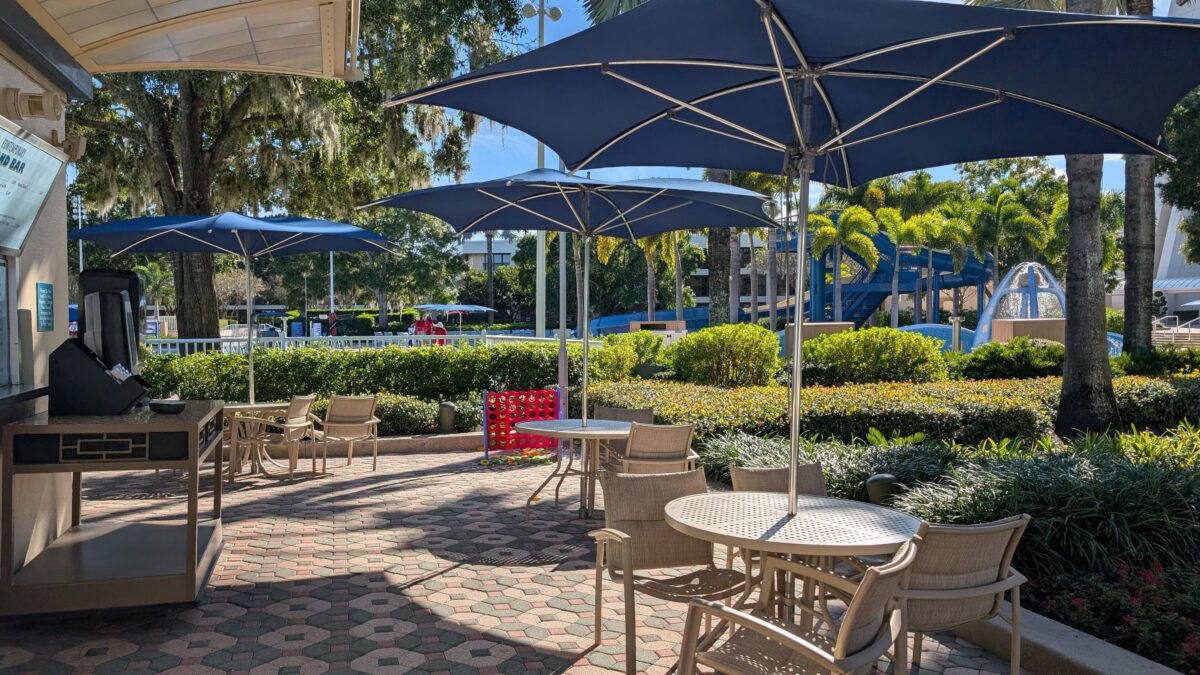 A picture of the umbrella-covered tables outside the Sand Bar at Disney's Contemporary Resort.