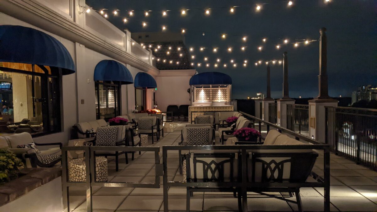 A picture of the outdoor balcony area at Topolino's Terrace at Disney's Riviera Resort in Orlando, Florida.