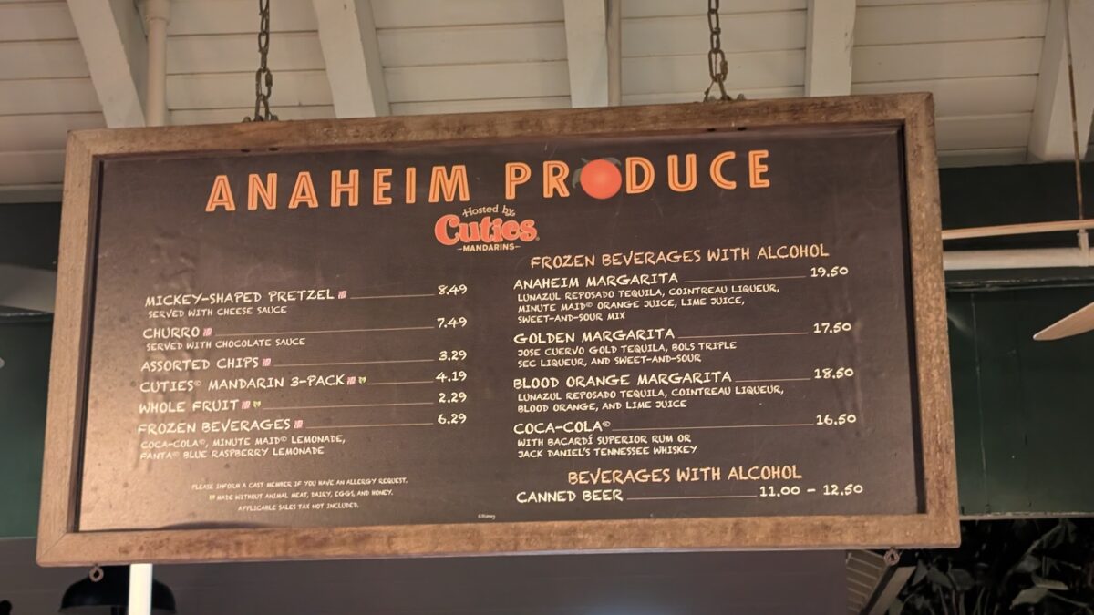 Photo of the menu displayed at Anaheim Produce, a quick service dining location in Hollywood Studios