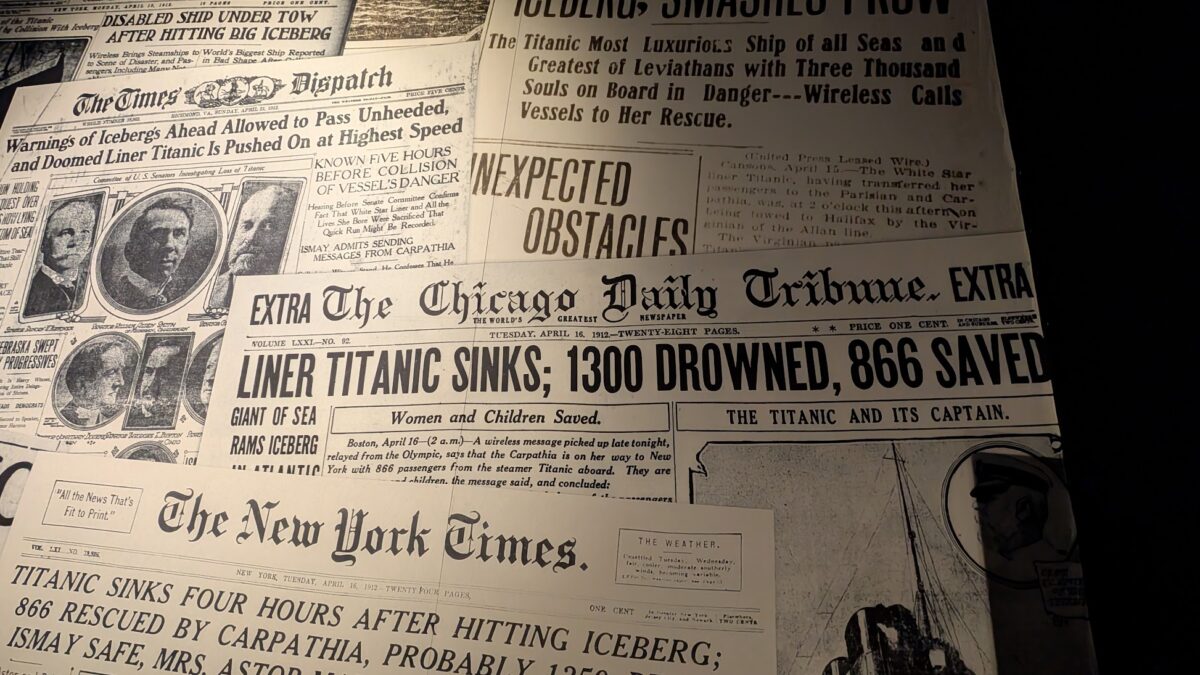 Newspaper headlines from the Titanic Exhibition