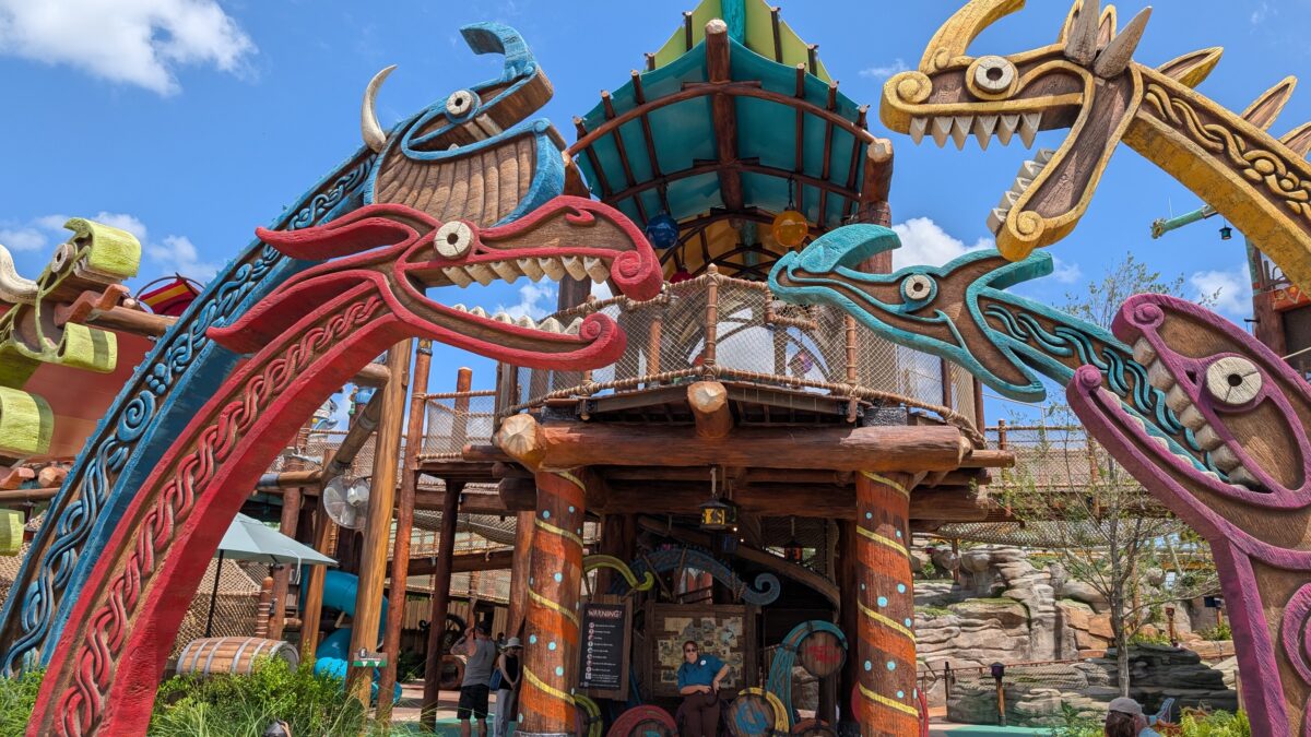 Entrance to Viking Training Camp playground in the Isle of Berk section of Epic Universe theme park in Orlando, Florida