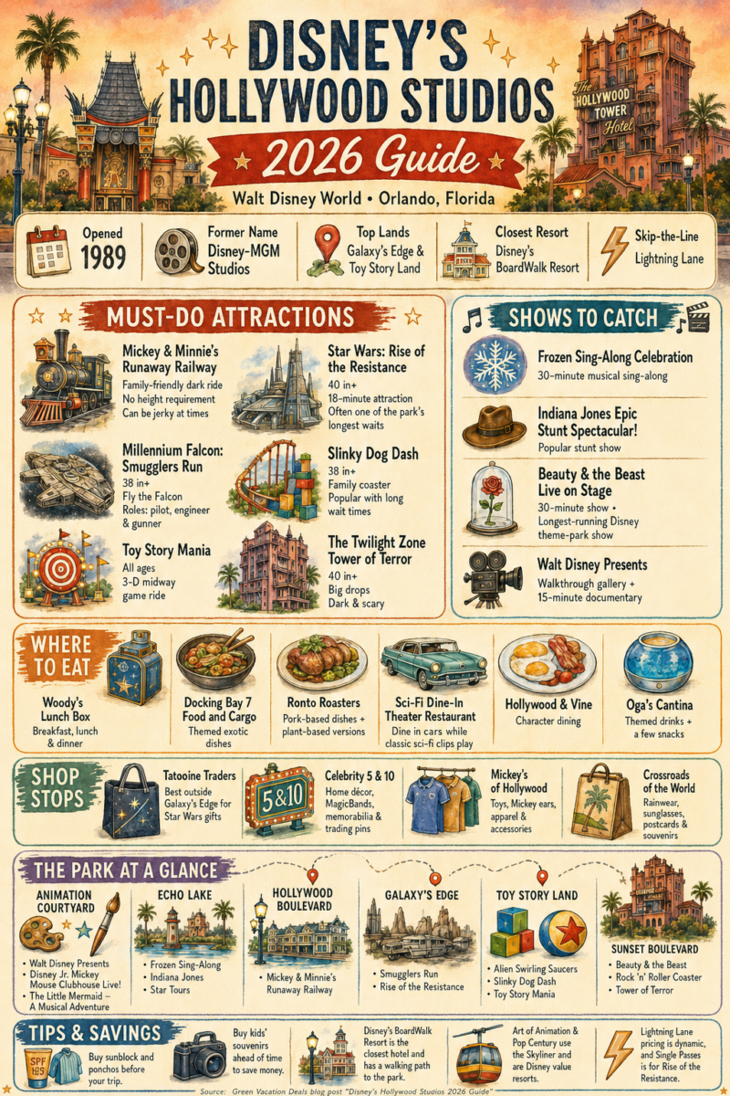 Disney's Hollywood Studios 2026 Guide: Must-do attractions, shows to catch, where to eat, shop stops, the park at a glance, and tips and savings