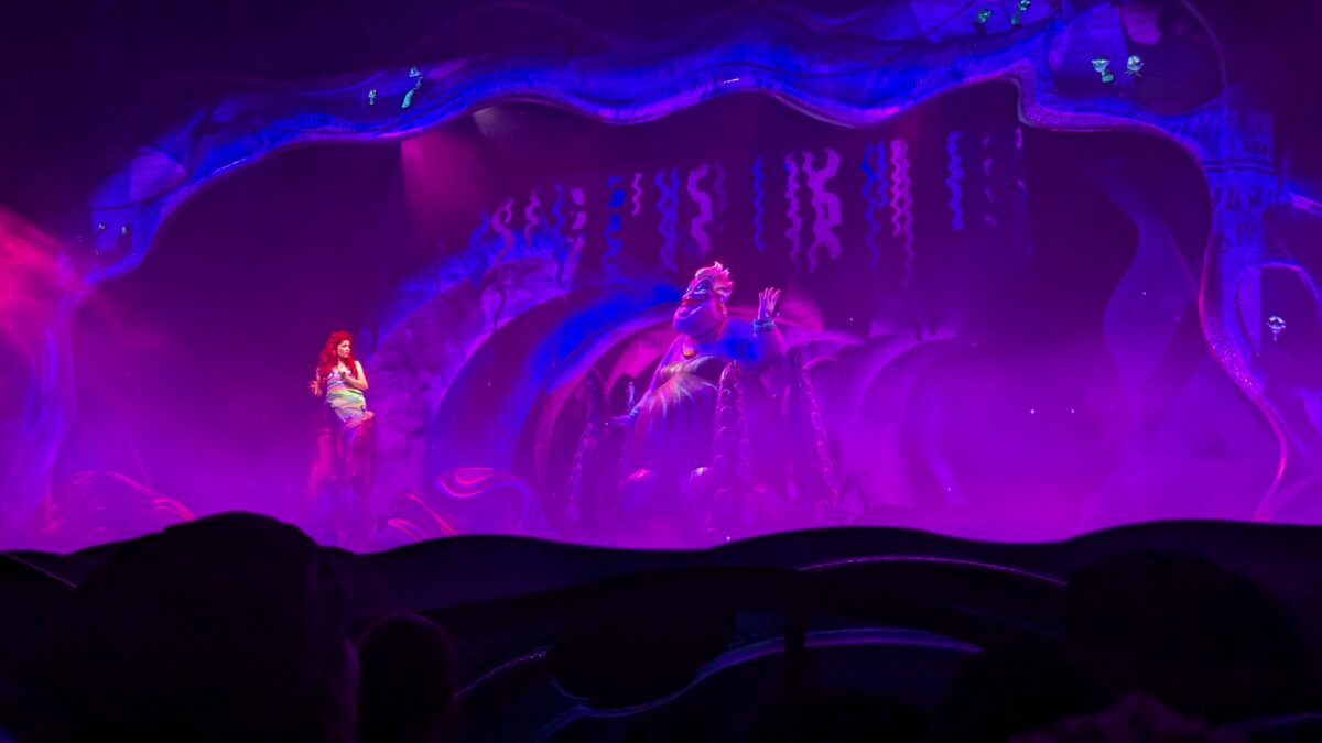 Ariel and Ursula during a performance of The Little Mermaid – A Musical Adventure at Disney's Hollywood Studios theme park at the Walt Disney World Resort in Orlando, Florida