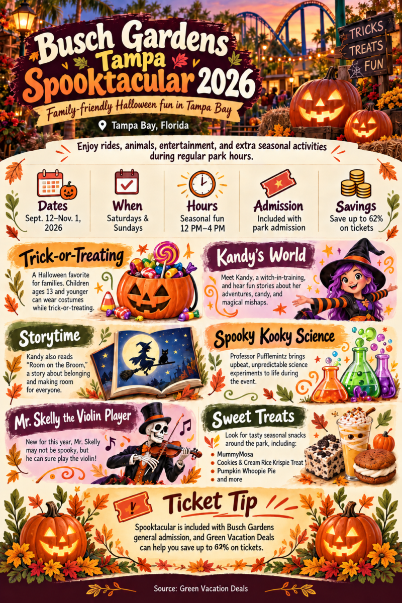 Busch Gardens Tampa Bay Spooktacular 2026 infographic featuring Sept. 12–Nov. 1 weekend dates, 12–4 PM family-friendly Halloween activities, trick-or-treating, Kandy’s World, Storytime, Spooky Kooky Science, seasonal treats, and ticket savings from Green Vacation Deals.