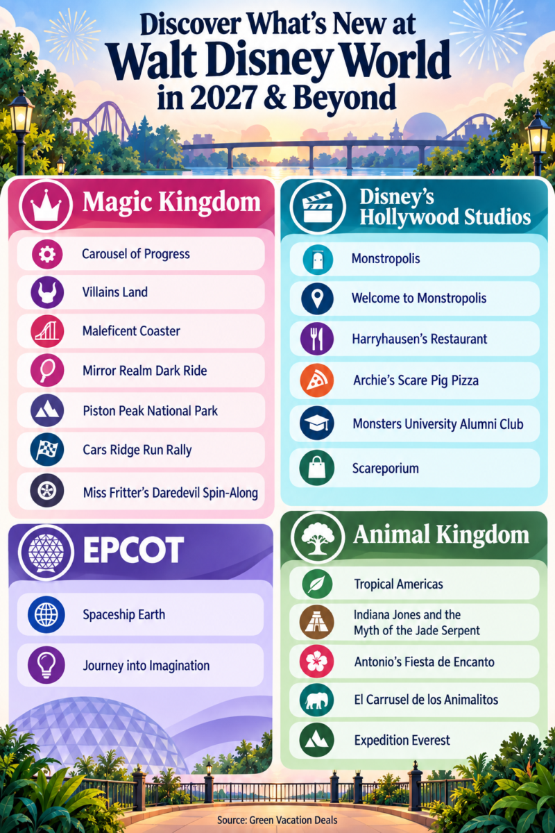 Infographic highlighting what’s new at Walt Disney World in 2027 and beyond, including Carousel of Progress, Villains Land, Monstropolis, Spaceship Earth, Tropical Americas, Expedition Everest and other upcoming attractions at Magic Kingdom, EPCOT, Hollywood Studios and Animal Kingdom.