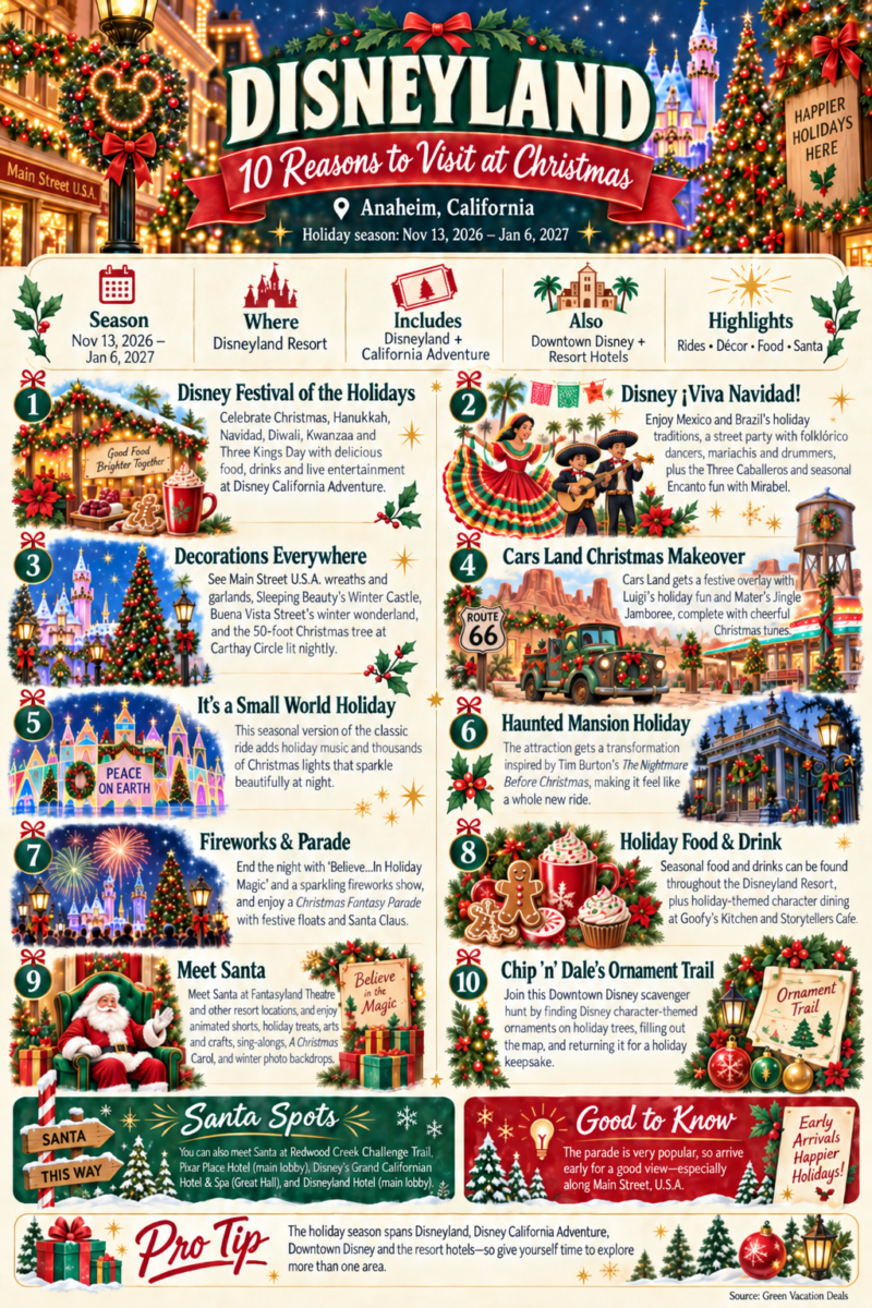 10 reasons for a Christmas Disneyland visit infographic, featuring ride overlays, holiday food and drinks, special events, fireworks, parade, and Santa Claus