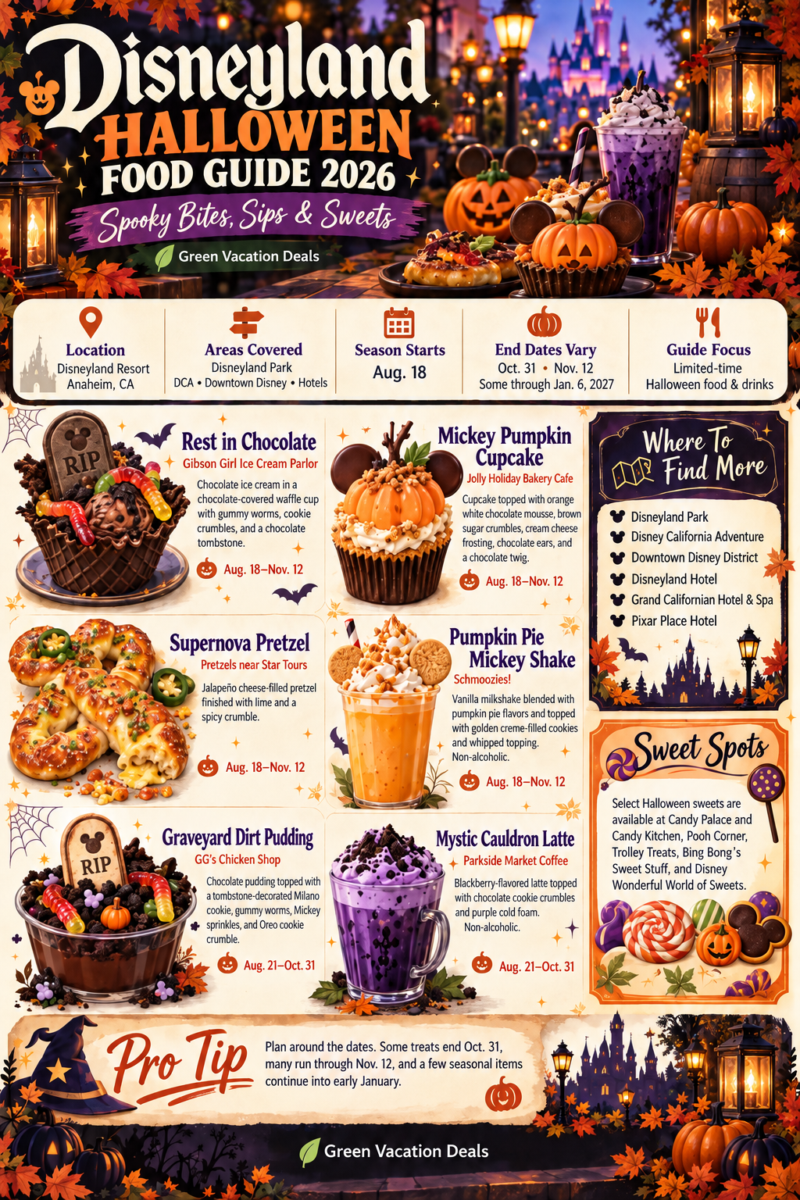 Disneyland Halloween Food Guide 2026 infographic featuring seasonal Halloween food and drinks at Disneyland Resort, with menu items, locations and availability dates.