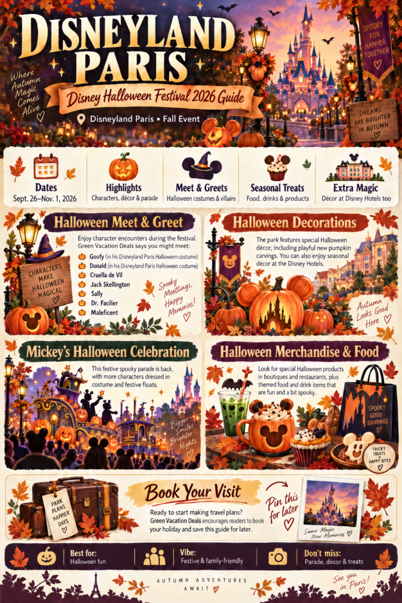 Disneyland Paris Halloween Festival 2026 infographic with Sept. 26–Nov. 1 dates, character meet-and-greets, Halloween decorations, parade, food and merchandise.